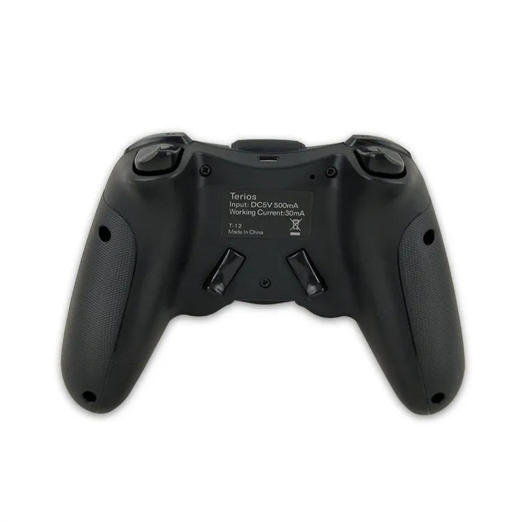 Black wireless Bluetooth game controller for Android iOS PC, 17.5 cm long, on light background