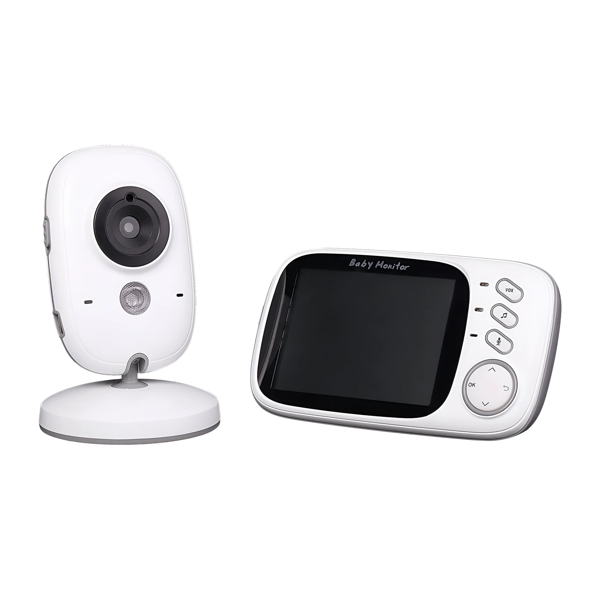 VB603 digital baby monitor set showing parent unit with 3.2-inch screen and separate camera with night vision.