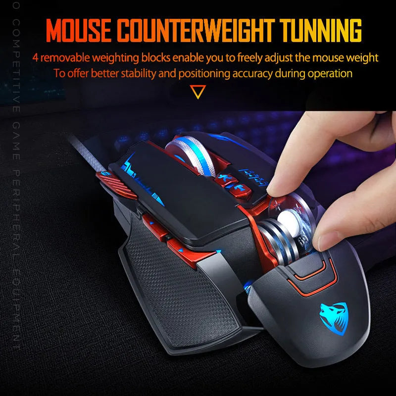 Thunder Wolf V9 black wired gaming mouse with six buttons on desk