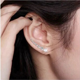 925 sterling silver ear-sticking ear hook studs with crystal inlay, silver geometric earrings, 2.3cm by 0.4cm, one pair