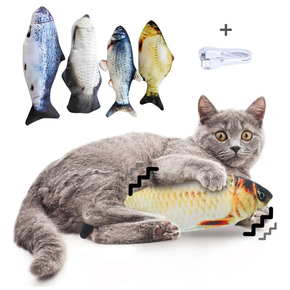 Electric jumping fish cat toy 30cm long with USB cable, multicolour options including carp and clownfish designs