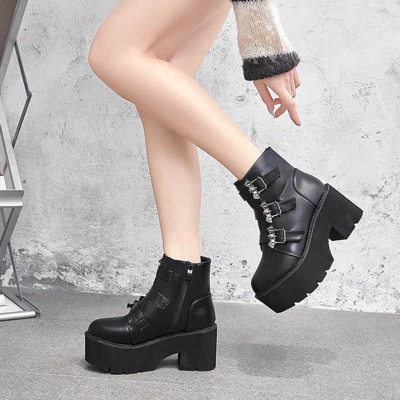 Black women's Harajuku punk gothic Martin boots with bat buckle, platform sole, and side zip.