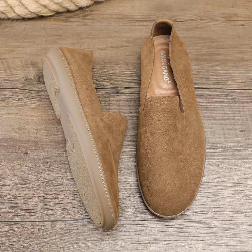 Handmade men's shoes in khaki or grey with cowhide upper, rubber sole, and wedge heel design