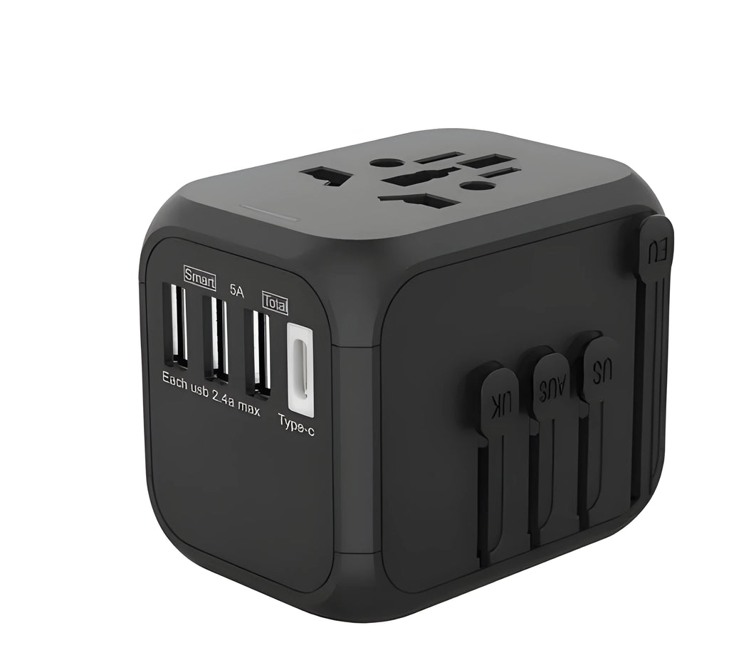 Black conversion plug with six AC outlets, PC shell, 56.5x67x52mm