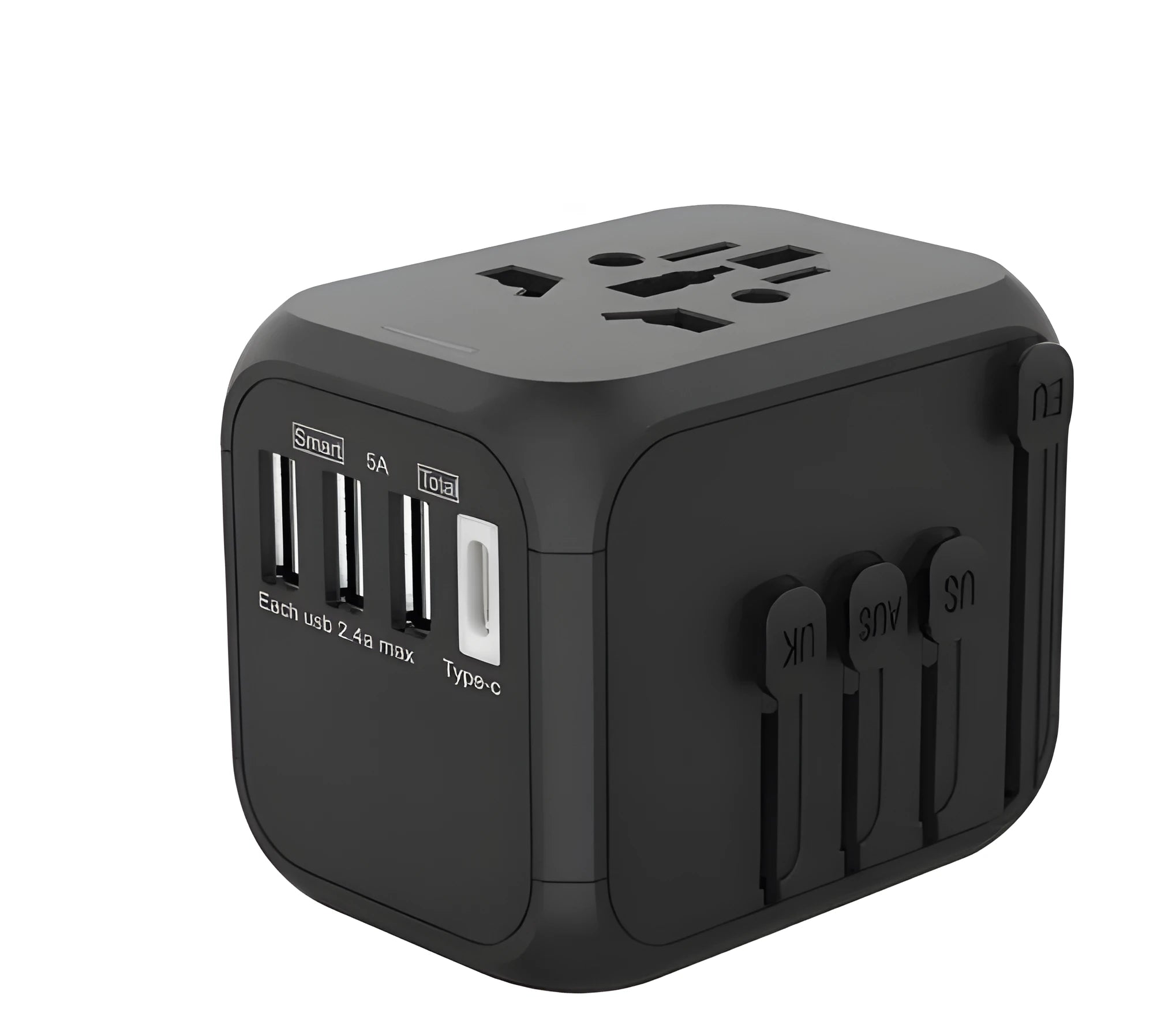 Black conversion plug with six AC outlets, PC shell, 56.5x67x52mm