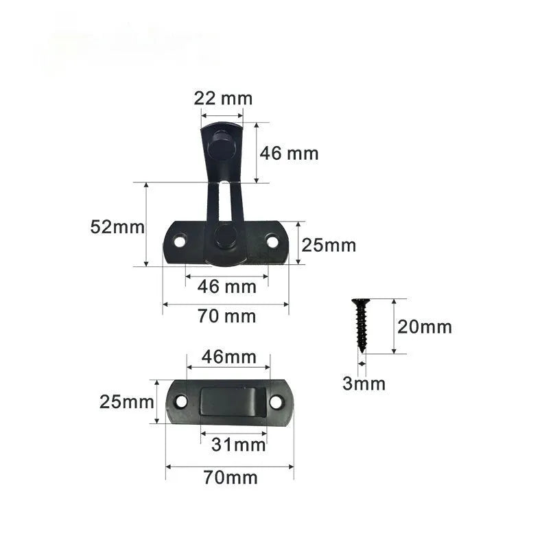 90-degree black carbon steel buckle lock with flat stainless steel shackle for sliding doors