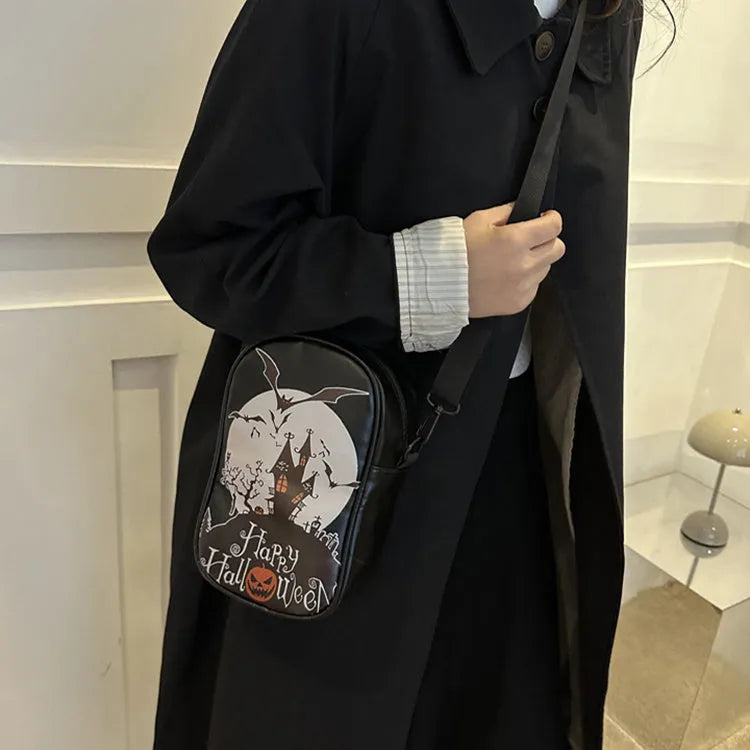 Women's Halloween graffiti print crossbody bag with pumpkin ghost bat cartoon design in black PU material
