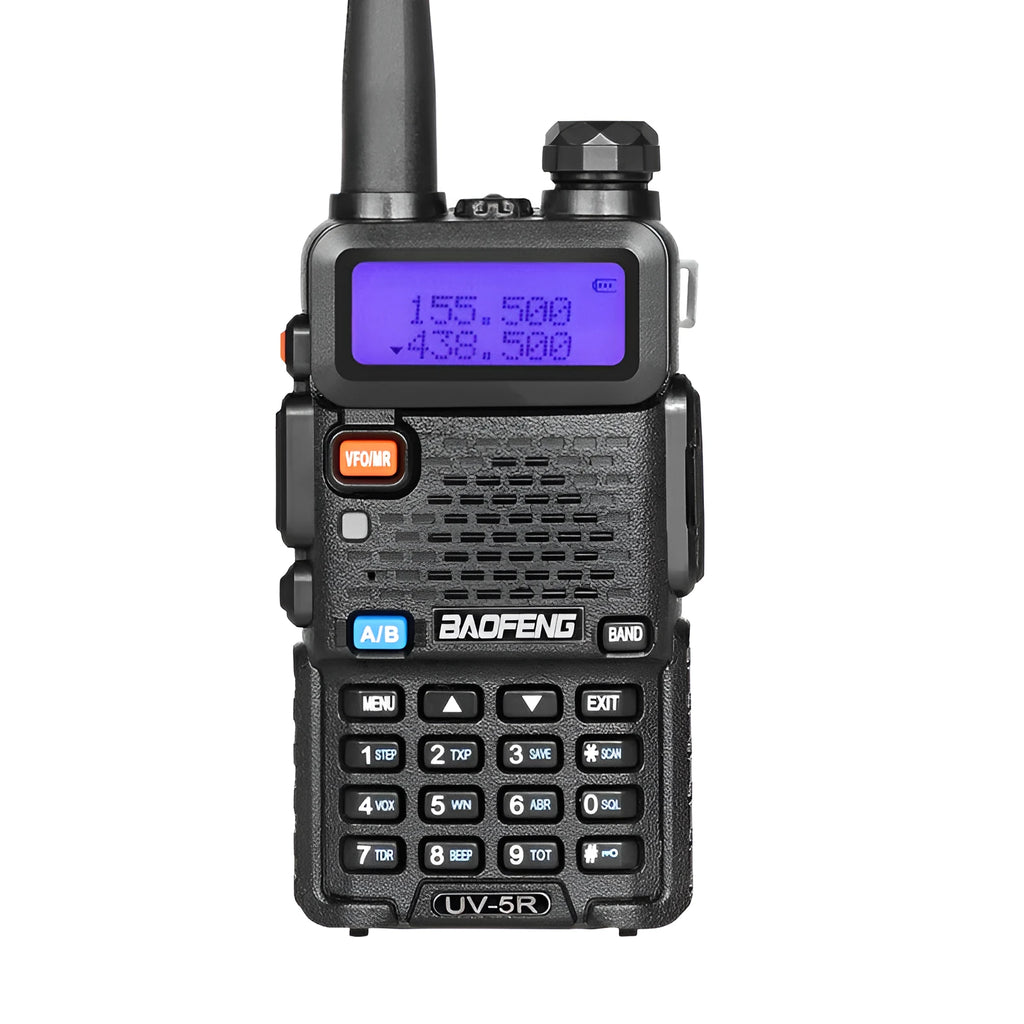 Professional dual-band walkie talkie with antenna showing dimensions 110x58x32mm