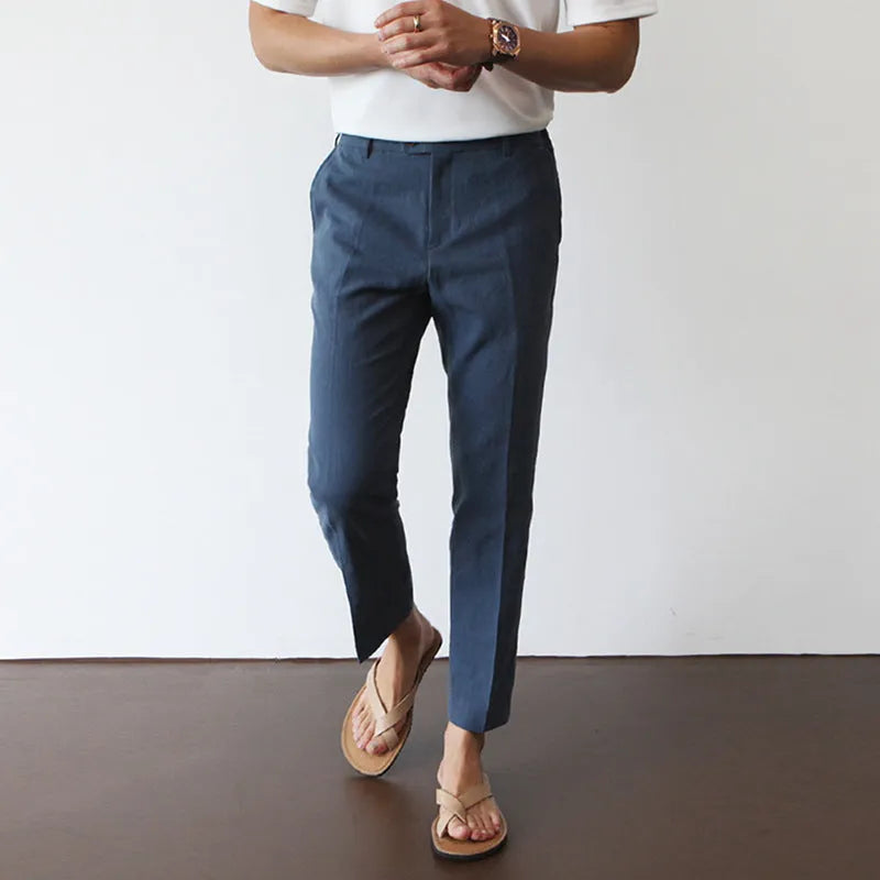 Men's cotton linen cropped straight-leg trousers in white, summer youth style with elastic waist