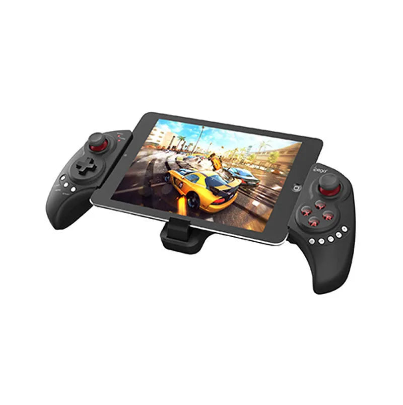Wireless telescopic game controller extended with phone inserted, showing controls and USB port