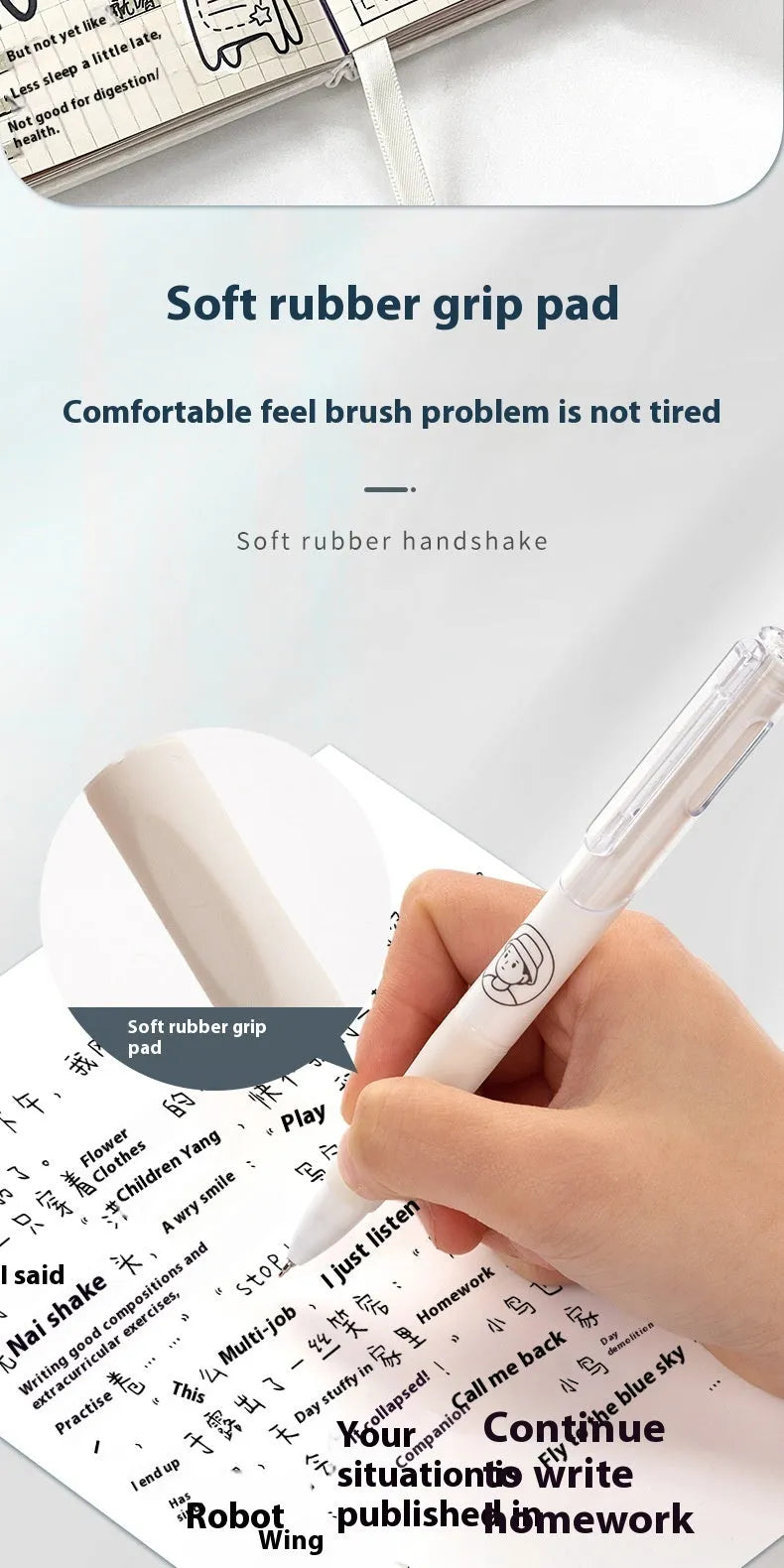 Five white plastic ballpoint pens with 0.5mm black ink refills and press mechanism