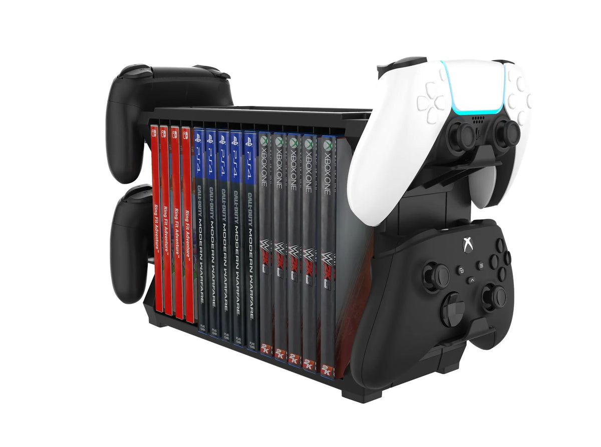 Black ABS plastic game disc and controller storage holder for PS5 and Xbox Series X consoles