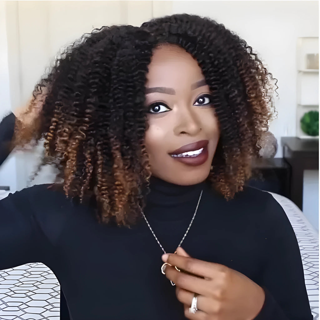 Short curly wig made of high temperature silk with long bang in black gradient brown colour on a wig stand