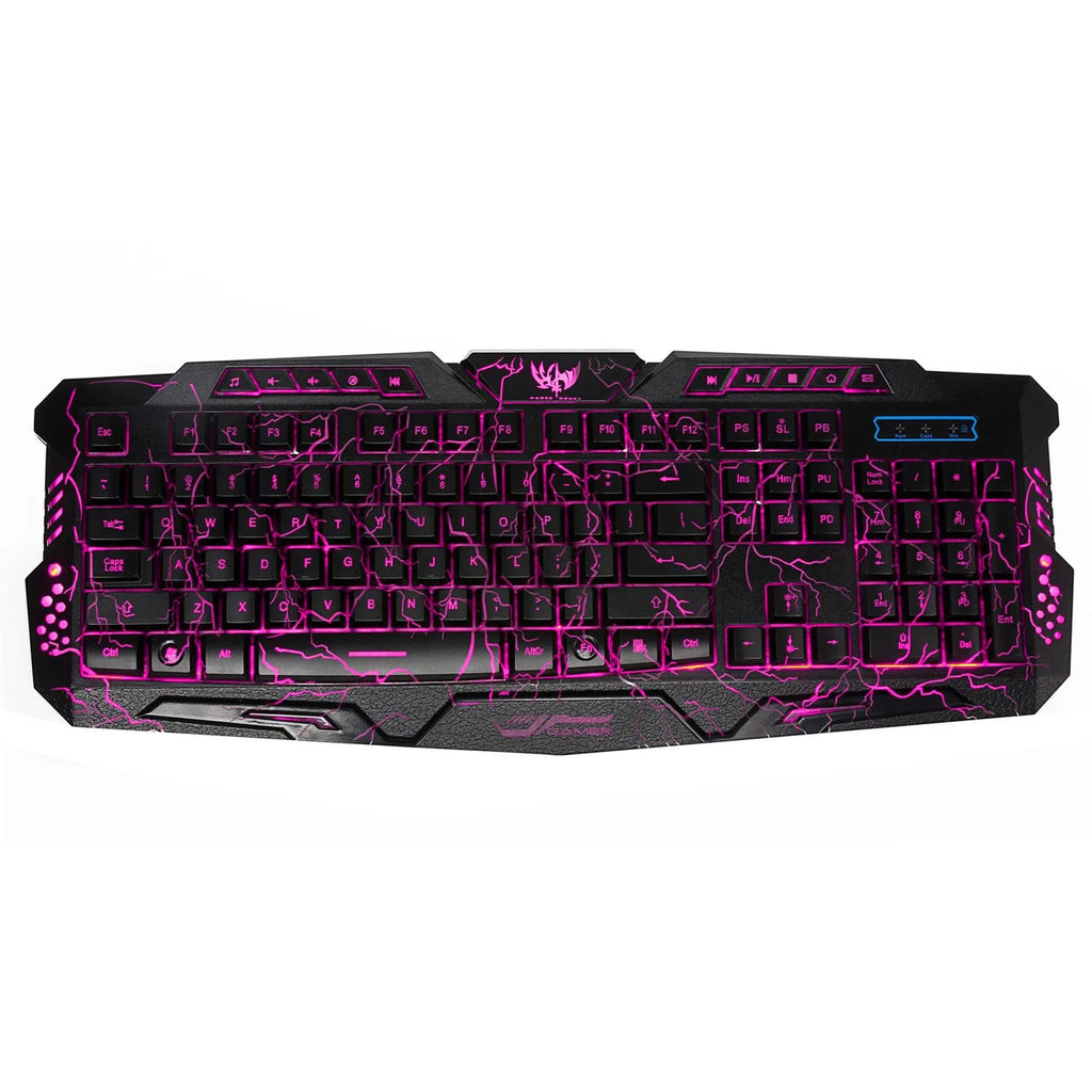 Black backlit gaming keyboard with crack design and three-colour adjustable backlight on a desk
