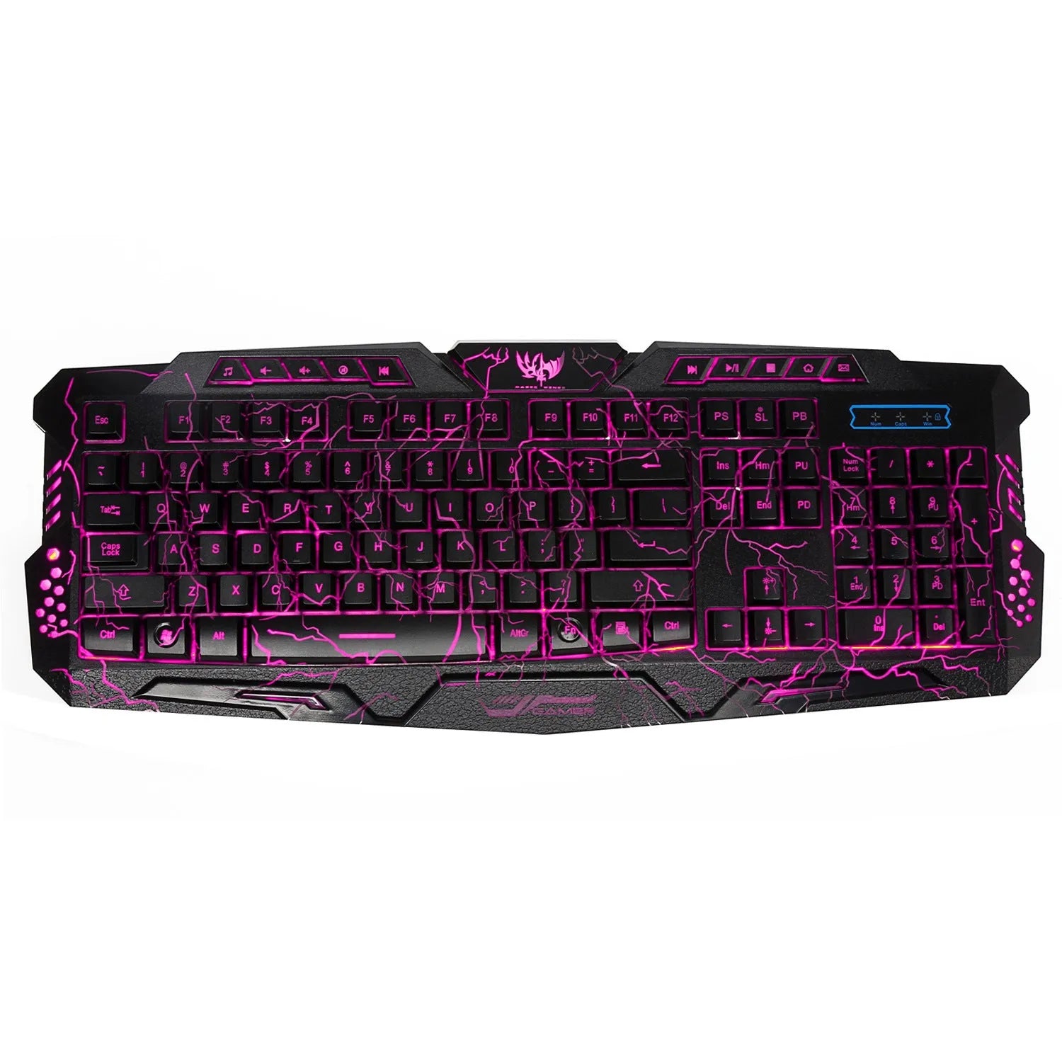 Black backlit gaming keyboard with crack design and three-colour adjustable backlight on a desk