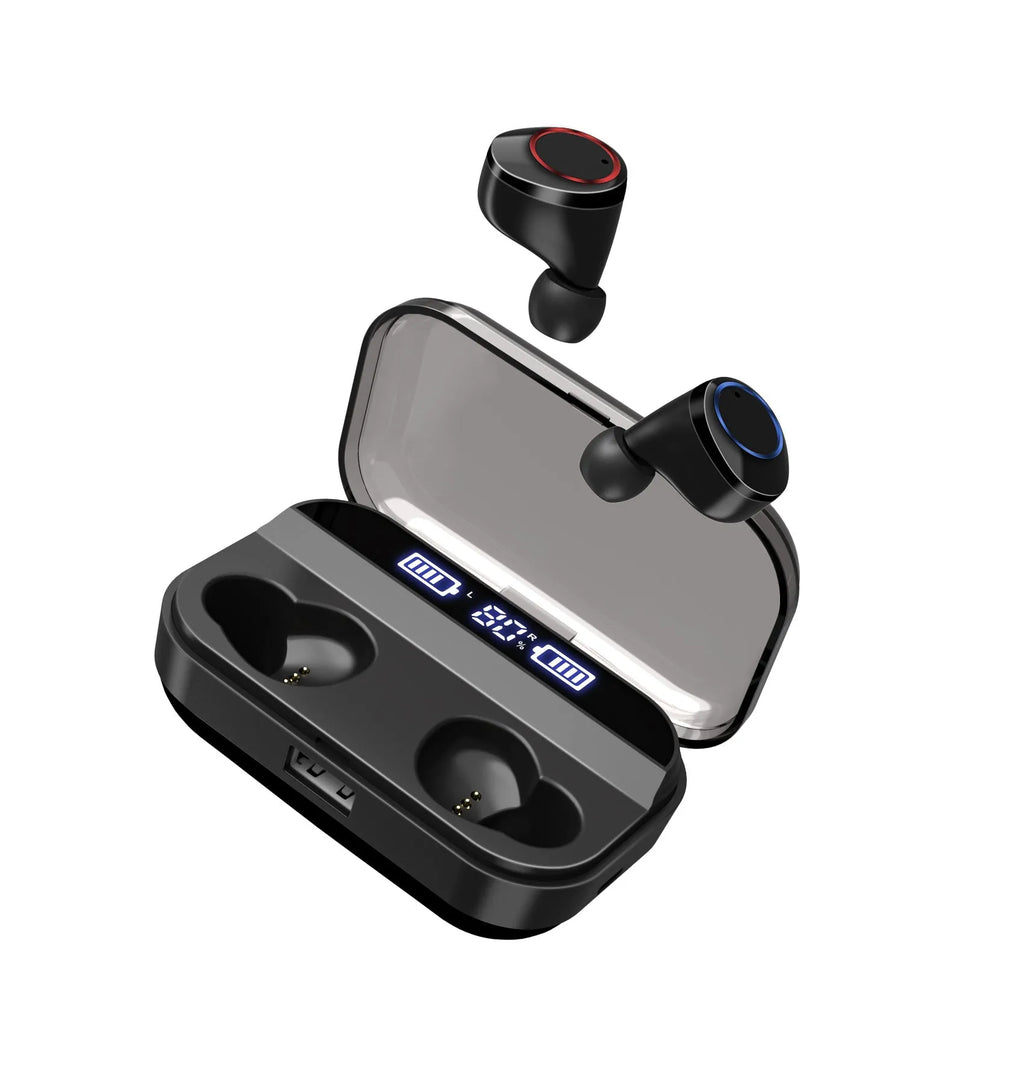 Black X11 Bluetooth wireless earbuds with a matching charging case and assorted silicone ear tips.