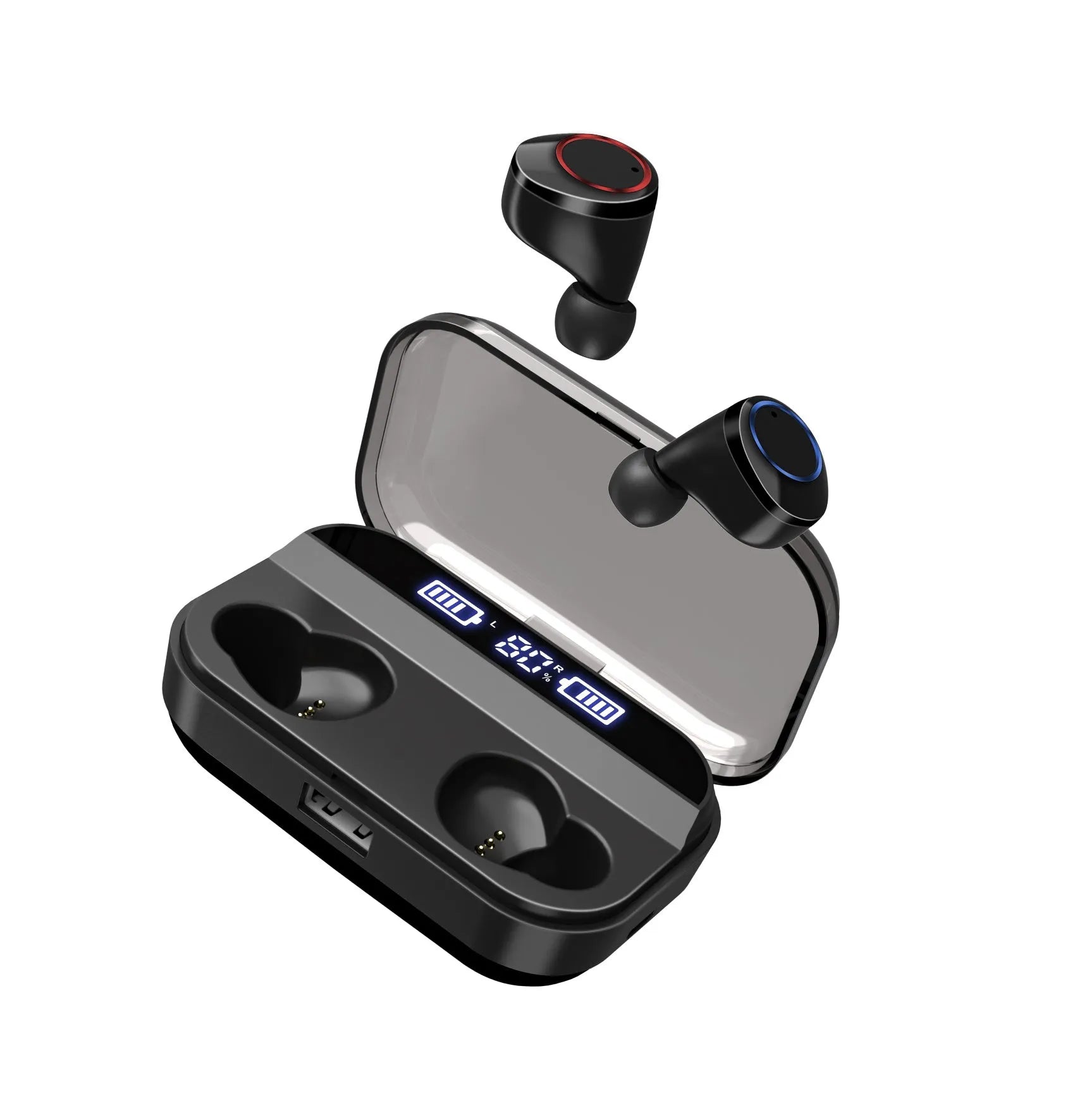 Black X11 Bluetooth wireless earbuds with a matching charging case and assorted silicone ear tips.