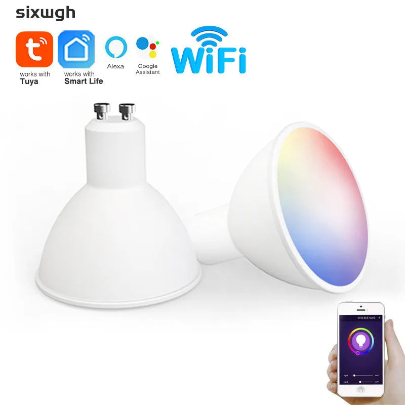 GU10 smart spotlight bulb with Wi-Fi and voice control, showing RGBCCT lighting capabilities