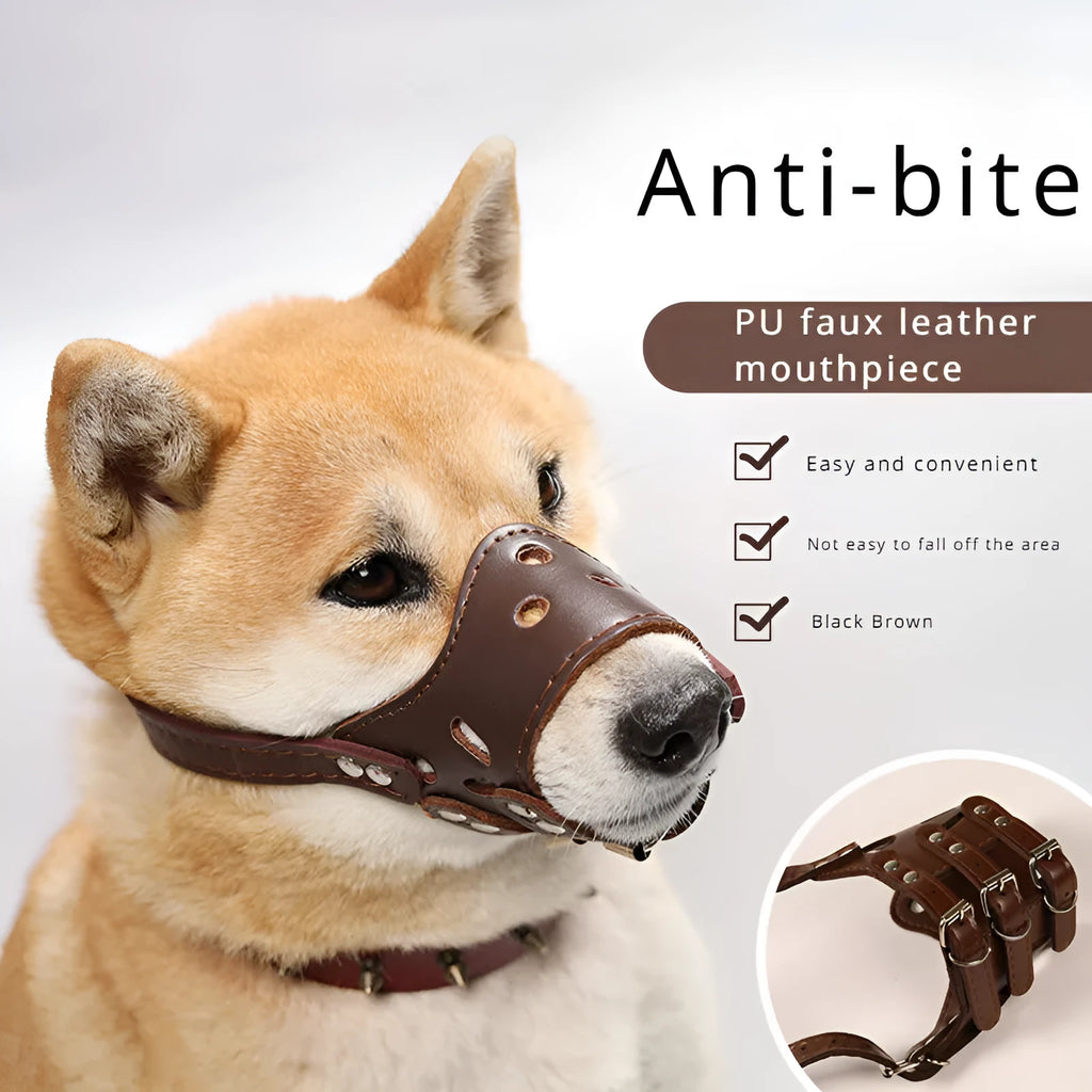 Adjustable dog muzzle in black or brown, sizes XS to XXL for anti-barking and bite prevention.