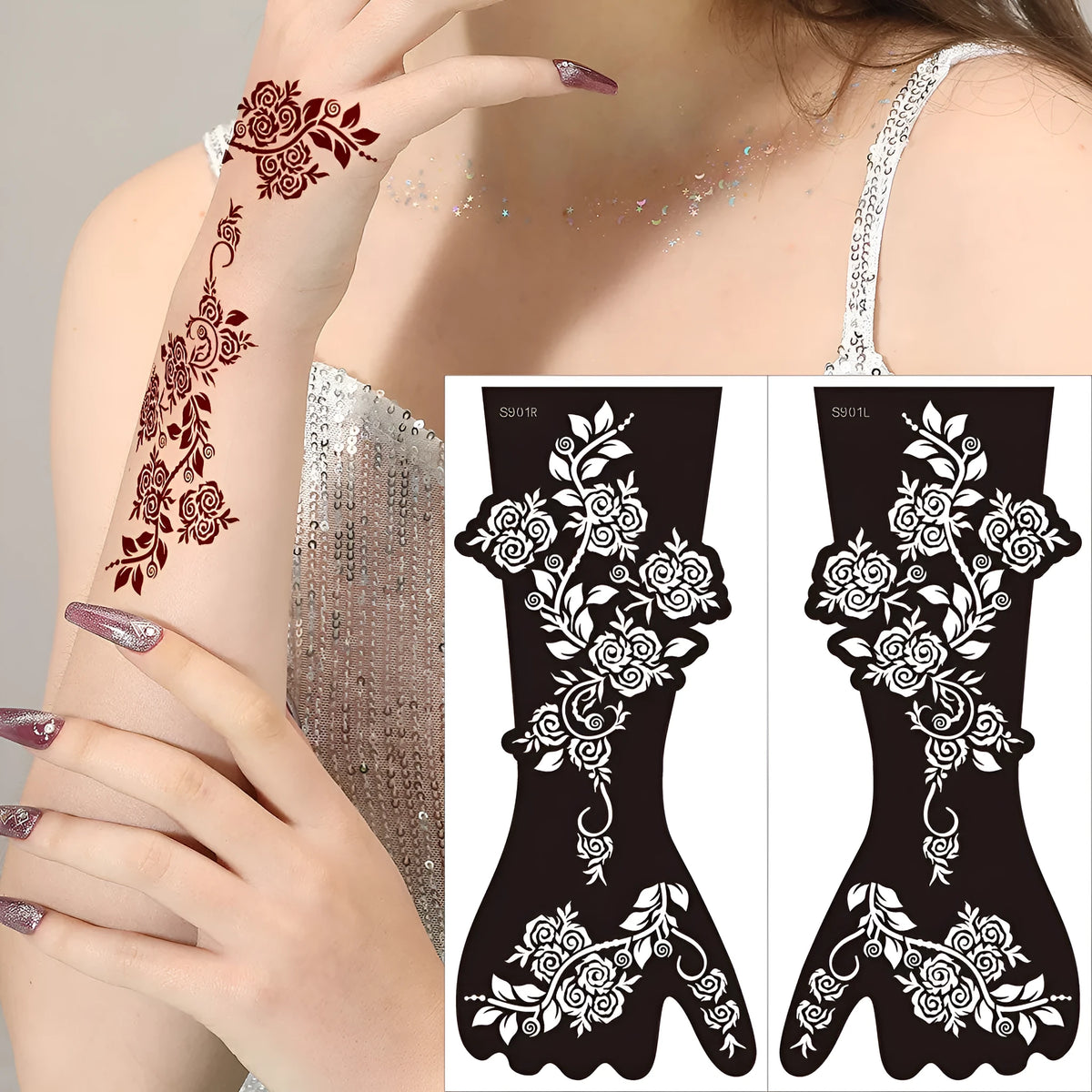 Pack of geometric hollow paper tattoo template stickers showing intricate cut-out patterns.