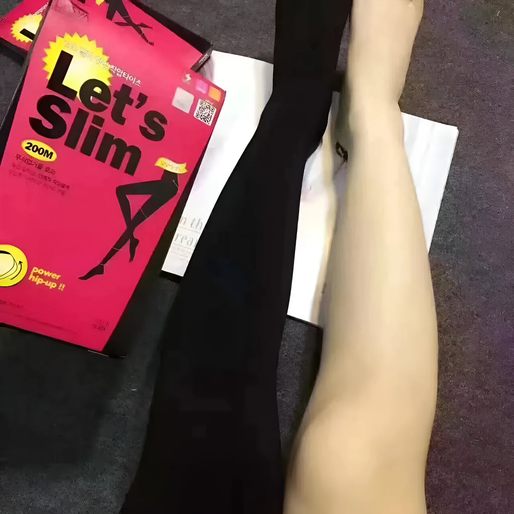 Beige and black stovepipe socks for hip and abdomen lifting, made from polyester fibre.