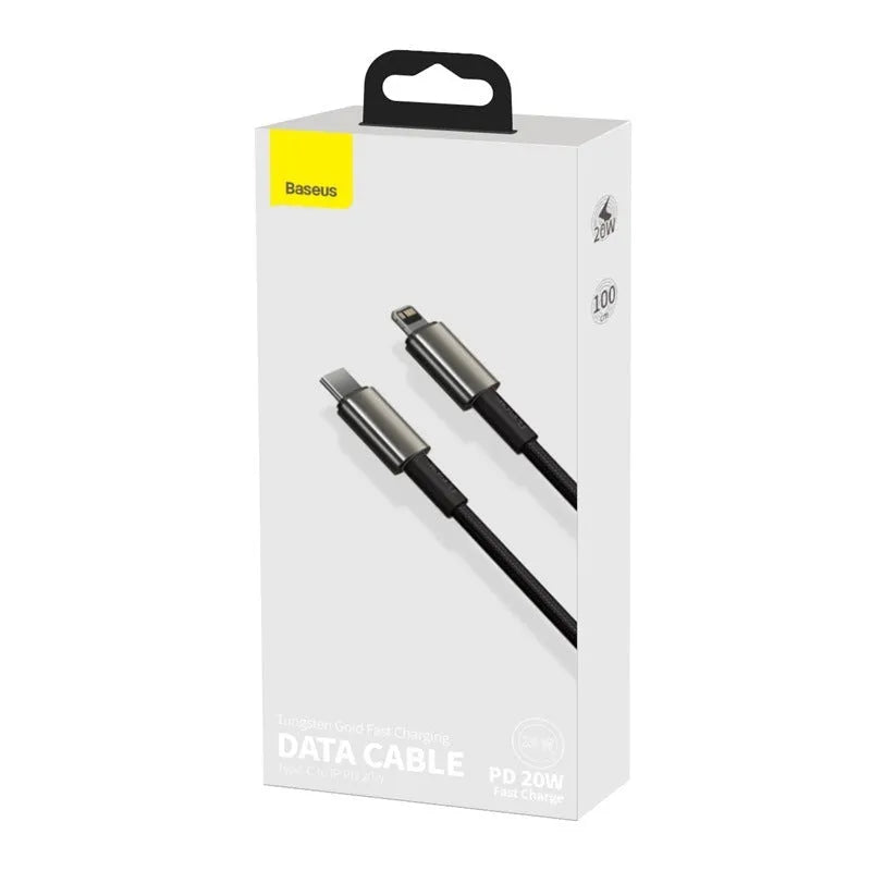 Baseus tungsten gold series PD 20W fast charging data cable, black zinc alloy and nylon braided, Type C to IP, 1m or 2m