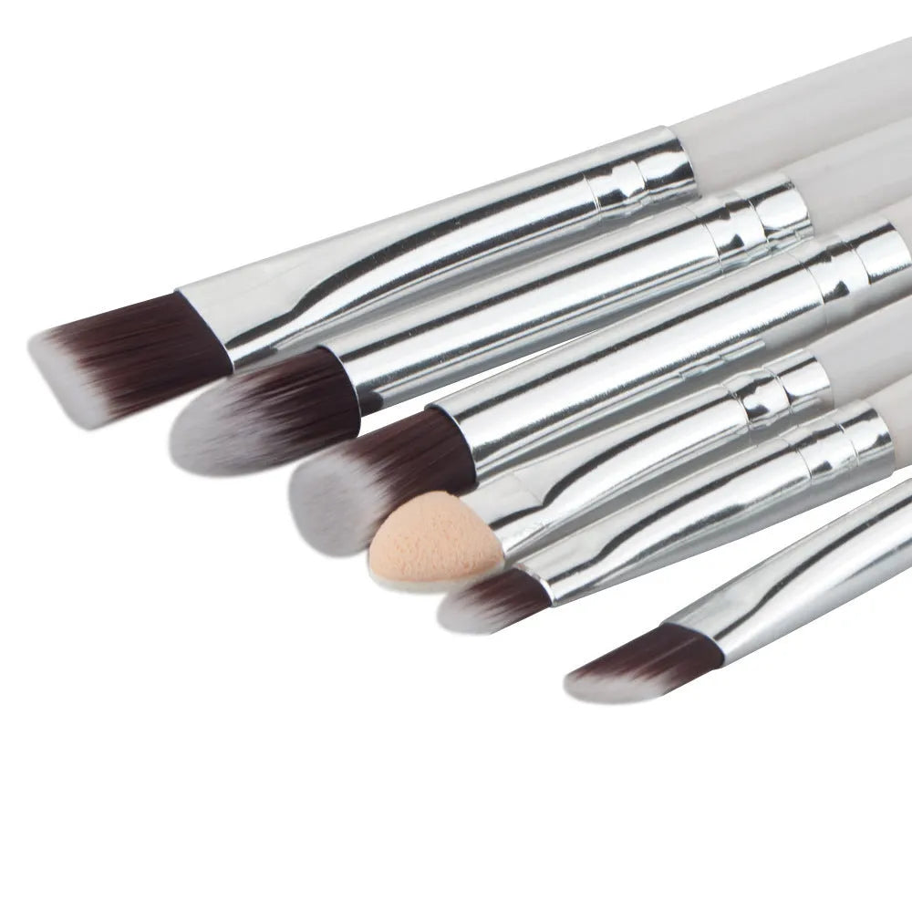 6 piece eye makeup brush set with wood handles and nylon bristles in black colour option on white background