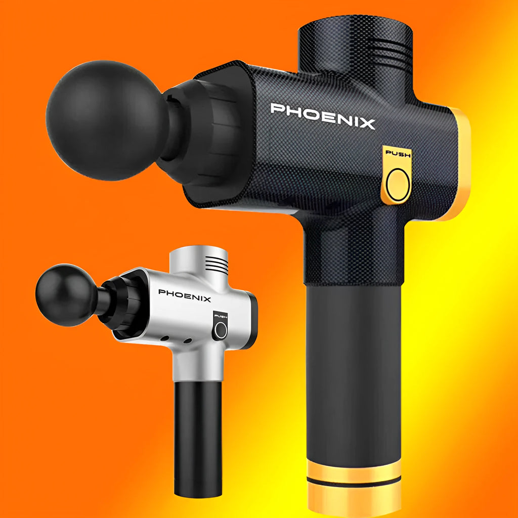 Black fascia massage gun with four different coloured massage heads on a table