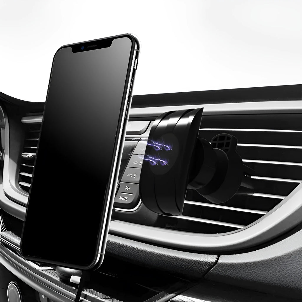 Black car phone holder mounted on car air vent with adjustable clamp mechanism