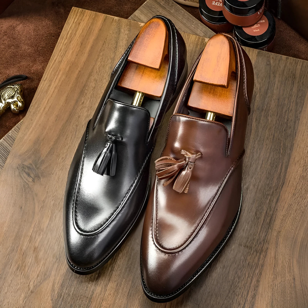 Men's business casual leather shoes with tassel detail, cowhide upper, black or brown, sizes 38-44