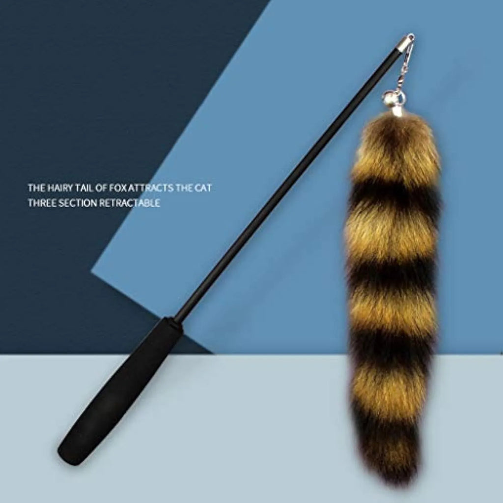Black cat toy wand with long elastic string for interactive feline play and exercise