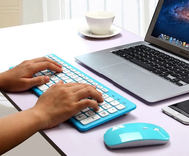 Wireless keyboard and mouse set showing black keyboard with chocolate keycaps and matching mouse with DPI button