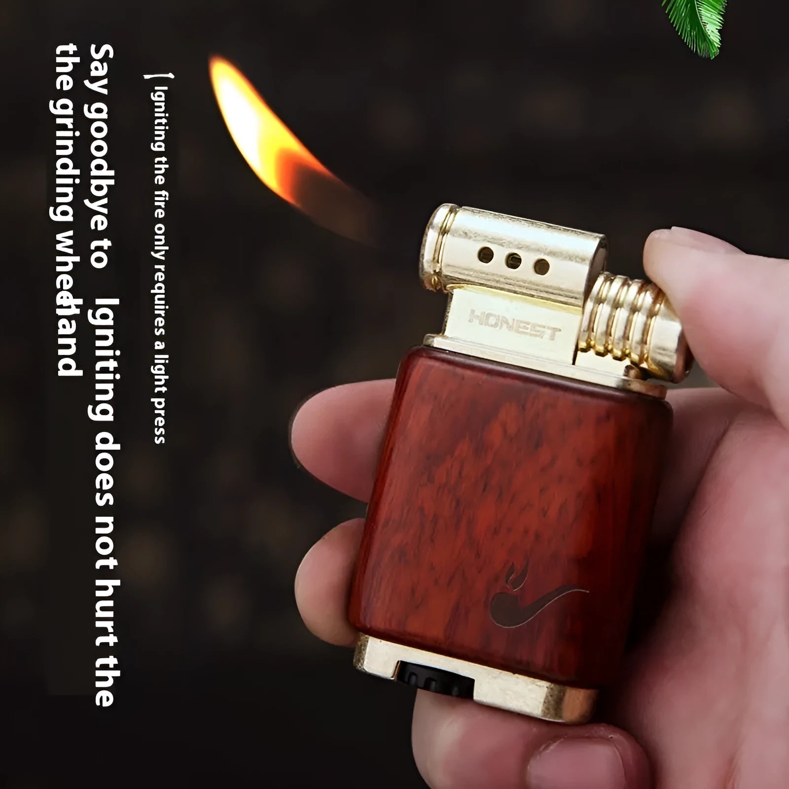 Black wood finished ebony gas lighter with rosewood decorative patterns including sun face and good luck symbols