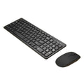 Wireless keyboard and mouse set showing black keyboard with chocolate keycaps and matching mouse with DPI button