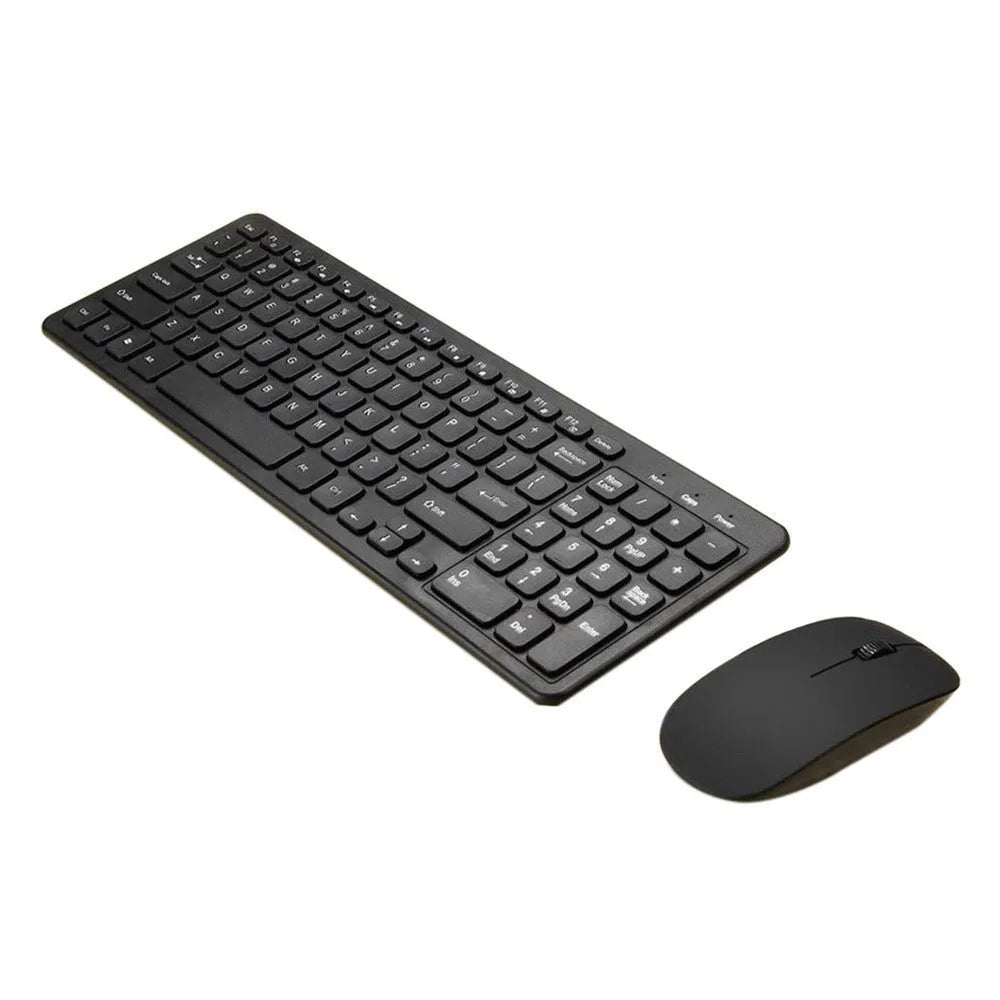 Wireless keyboard and mouse set showing black keyboard with chocolate keycaps and matching mouse with DPI button