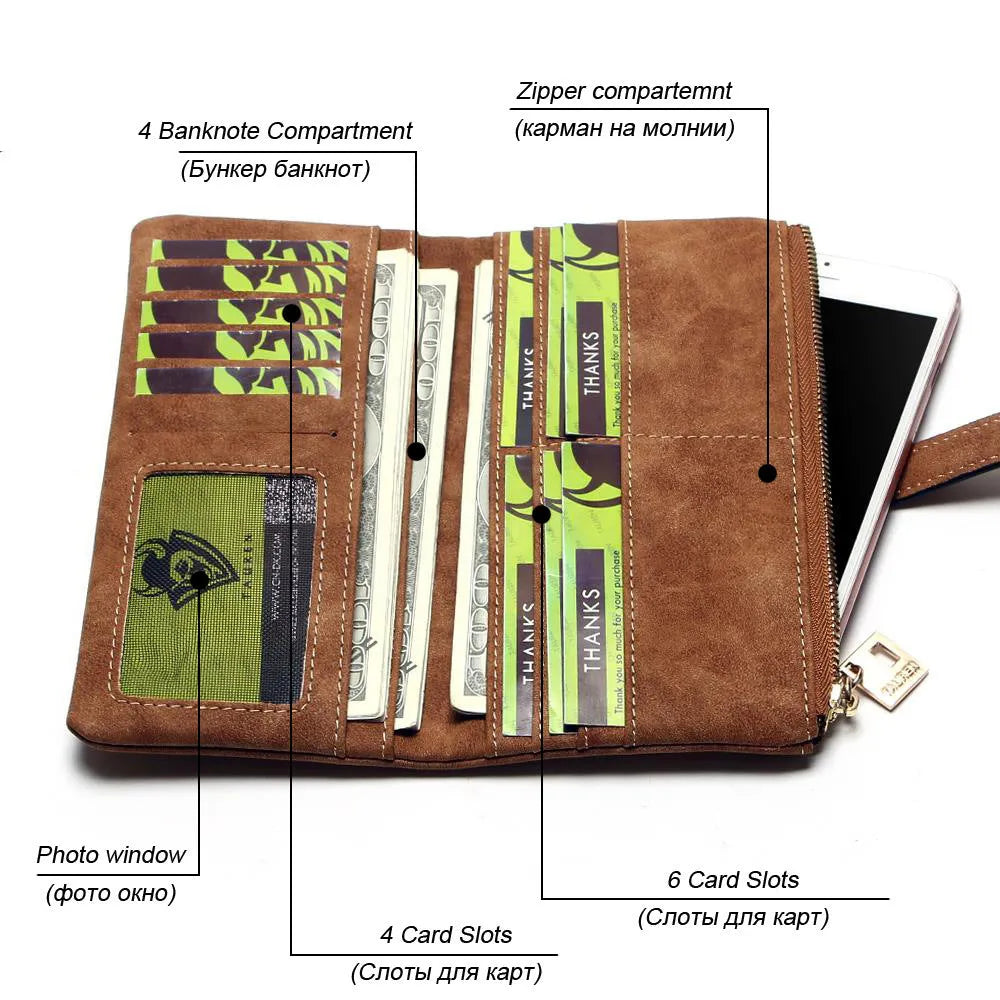 Korean retro style long wallet for women in matte PU leather, shown open to reveal card slots, phone pocket, and zipper closure.