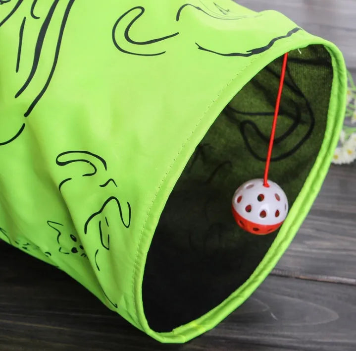 Foldable cat toy tunnel with printed design, 25 cm diameter and 51 cm length, for indoor cats