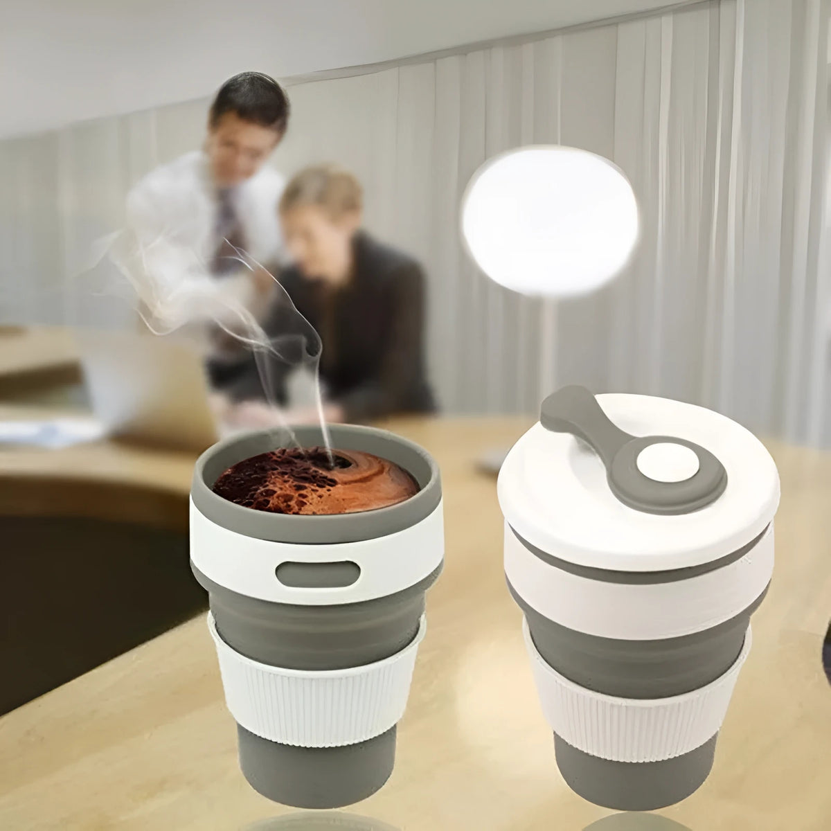 Green collapsible silicone travel cup showing folded and expanded states with leak-proof cover