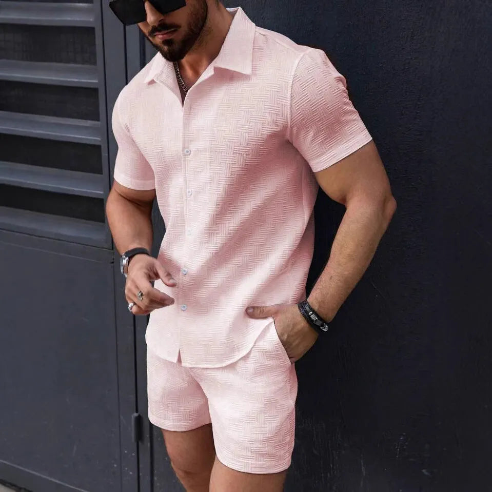 Men's summer two piece set with short sleeve shirt and shorts in cotton blend textured solid, in five colours