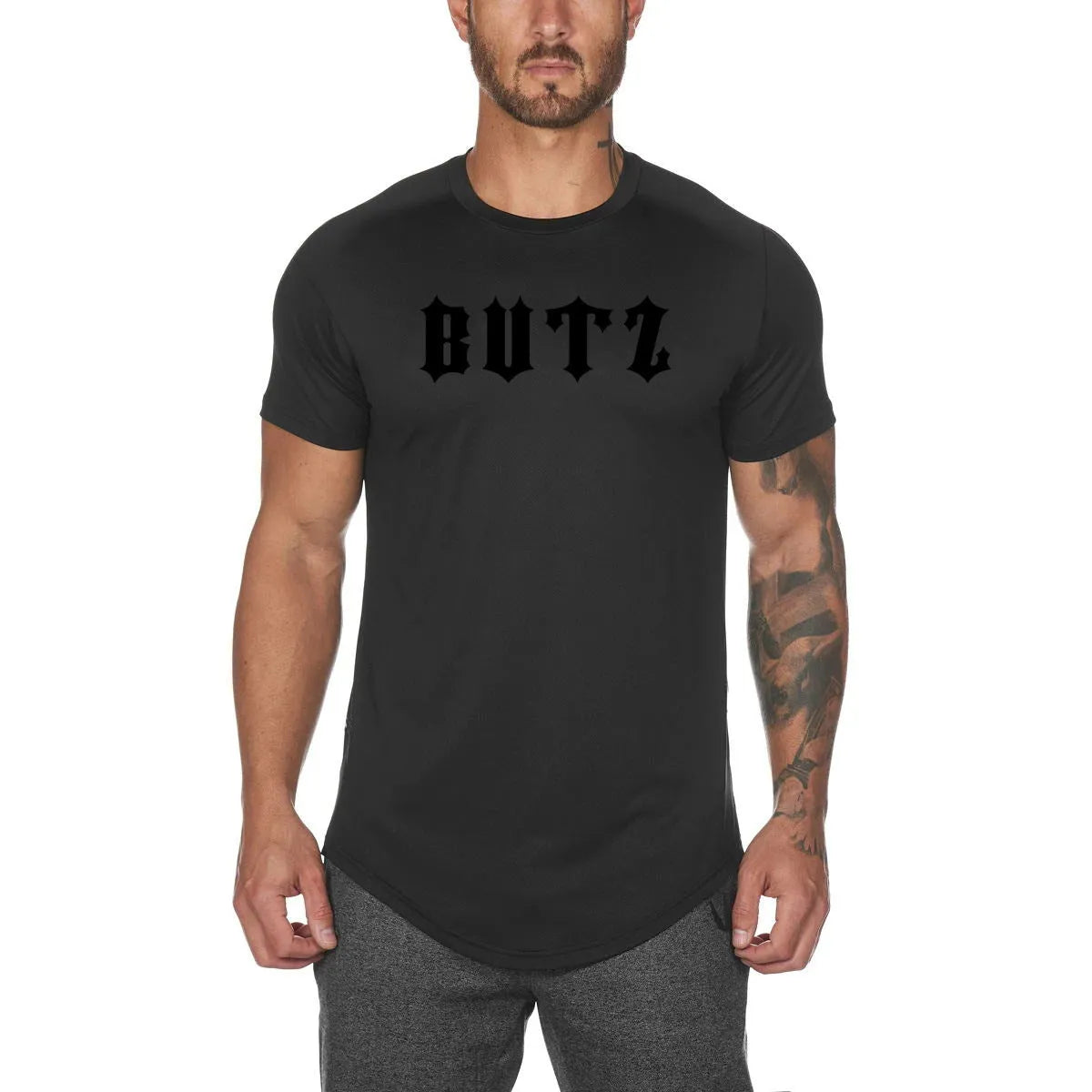 Plain men's gym t-shirt on a hanger, shown in army green, black, and white colour options.