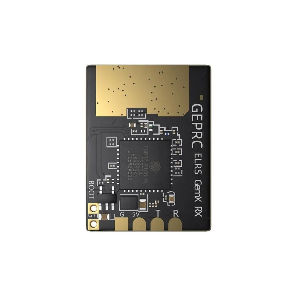 ELRS dual-frequency FPV drone receiver module with metal housing and T-shaped antennas