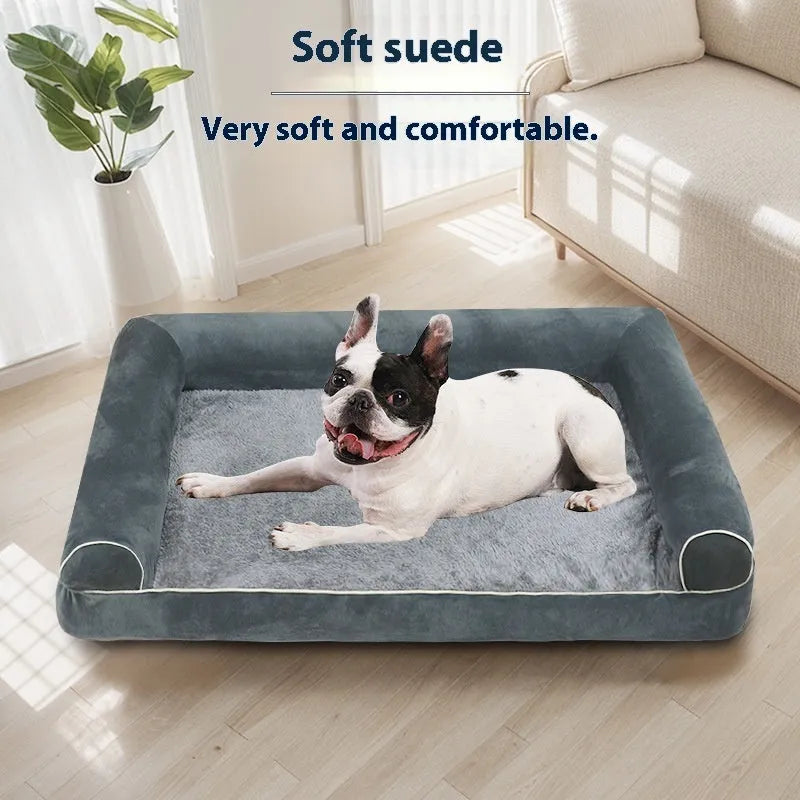 Square blue cloth dog bed with sponge filling, shown alongside dark grey, khaki, and beige colour options.