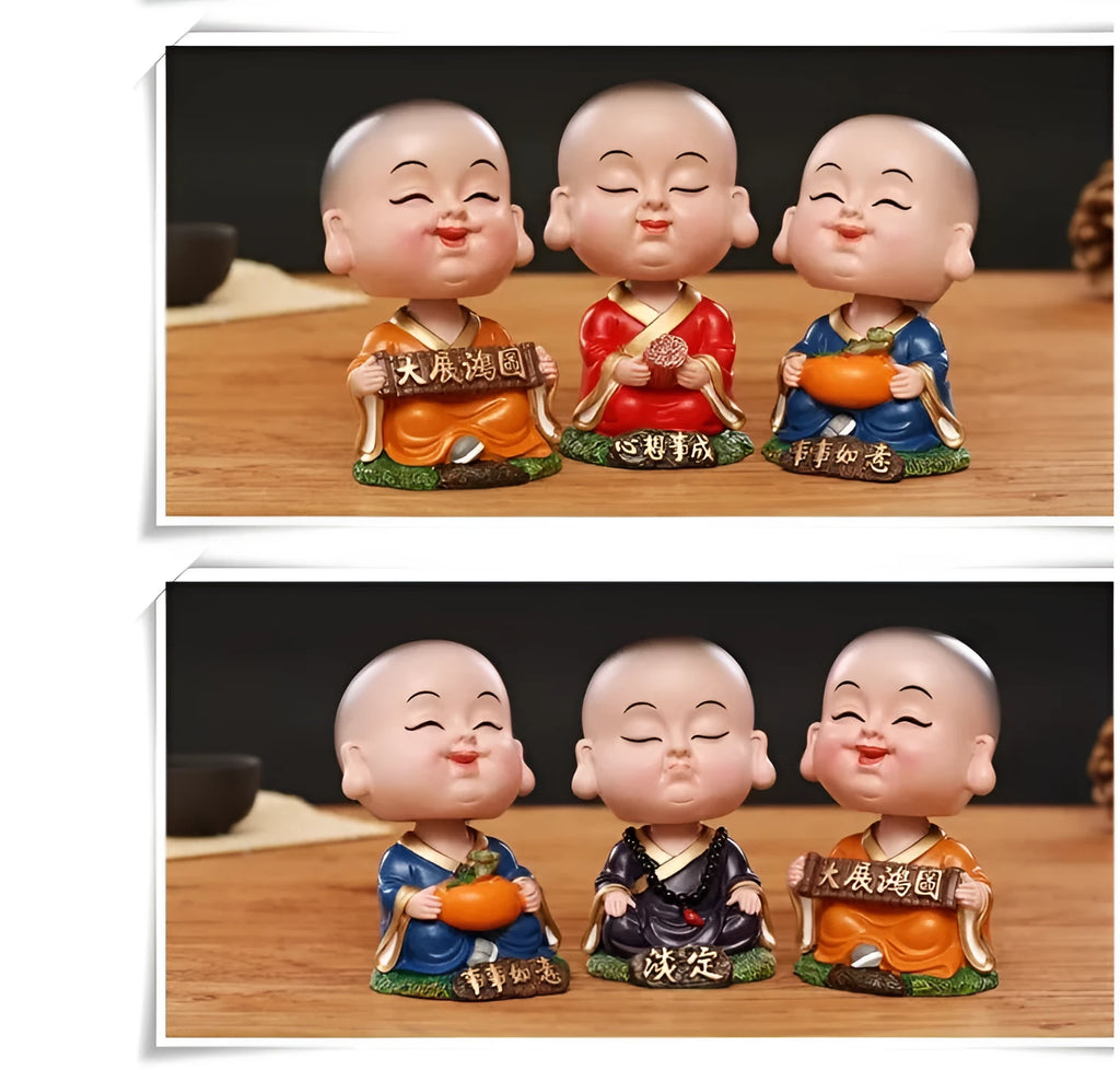 Handmade resin shaking-head monk ornament, 6cm wide, 10-11cm high, simple Chinese style for car or desk