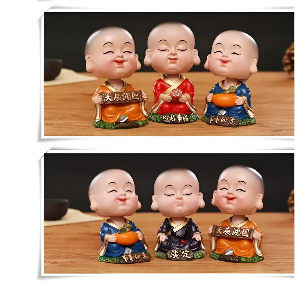 Handmade resin shaking-head monk ornament, 6cm wide, 10-11cm high, simple Chinese style for car or desk