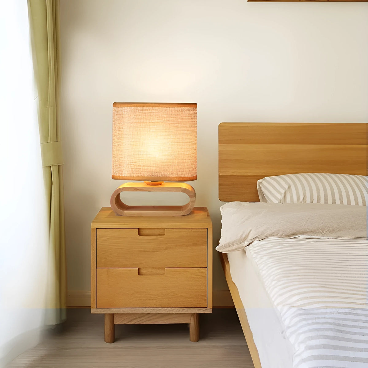 Nordic Japanese bedside table lamp with rubber wood holder, 170mm diameter, 230mm height, natural wood finish