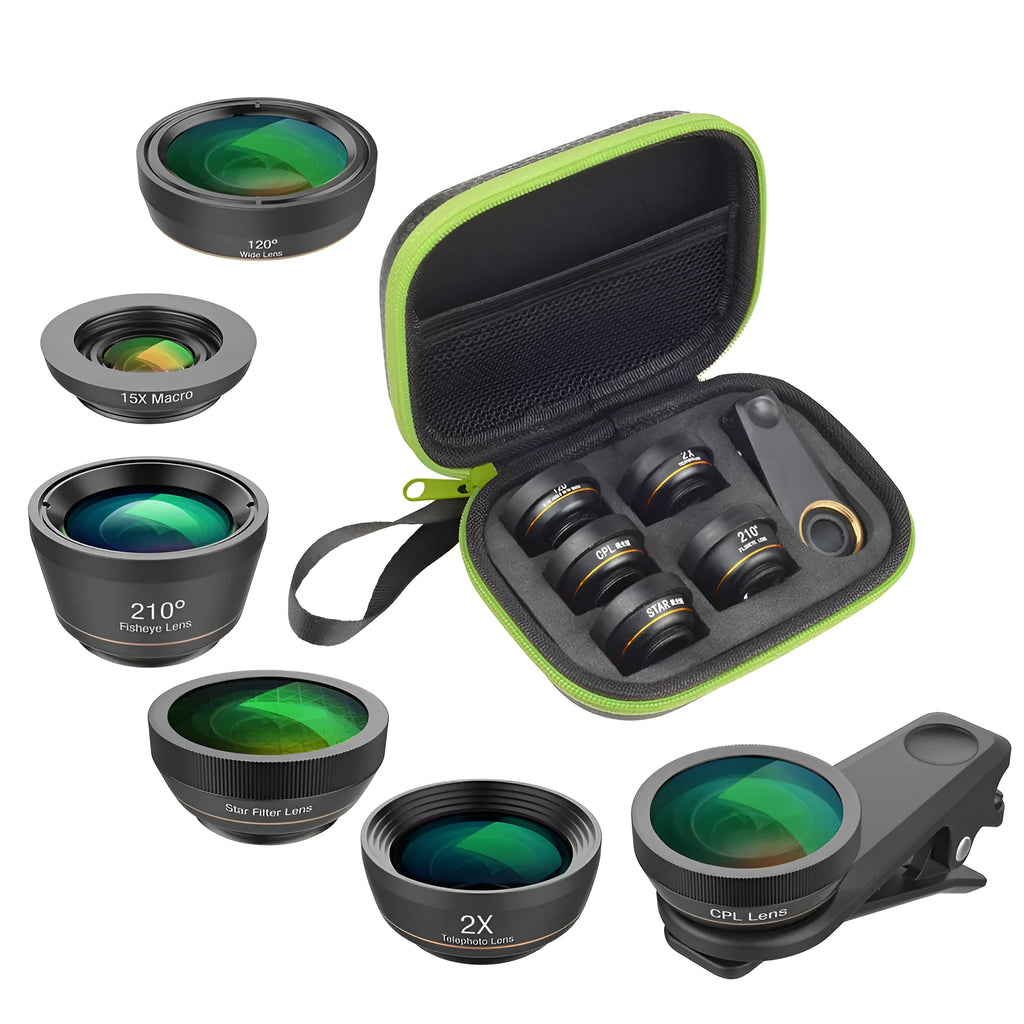 6 in 1 smartphone camera lens kit with fisheye, wide angle, macro and telephoto lenses in black aluminium housings