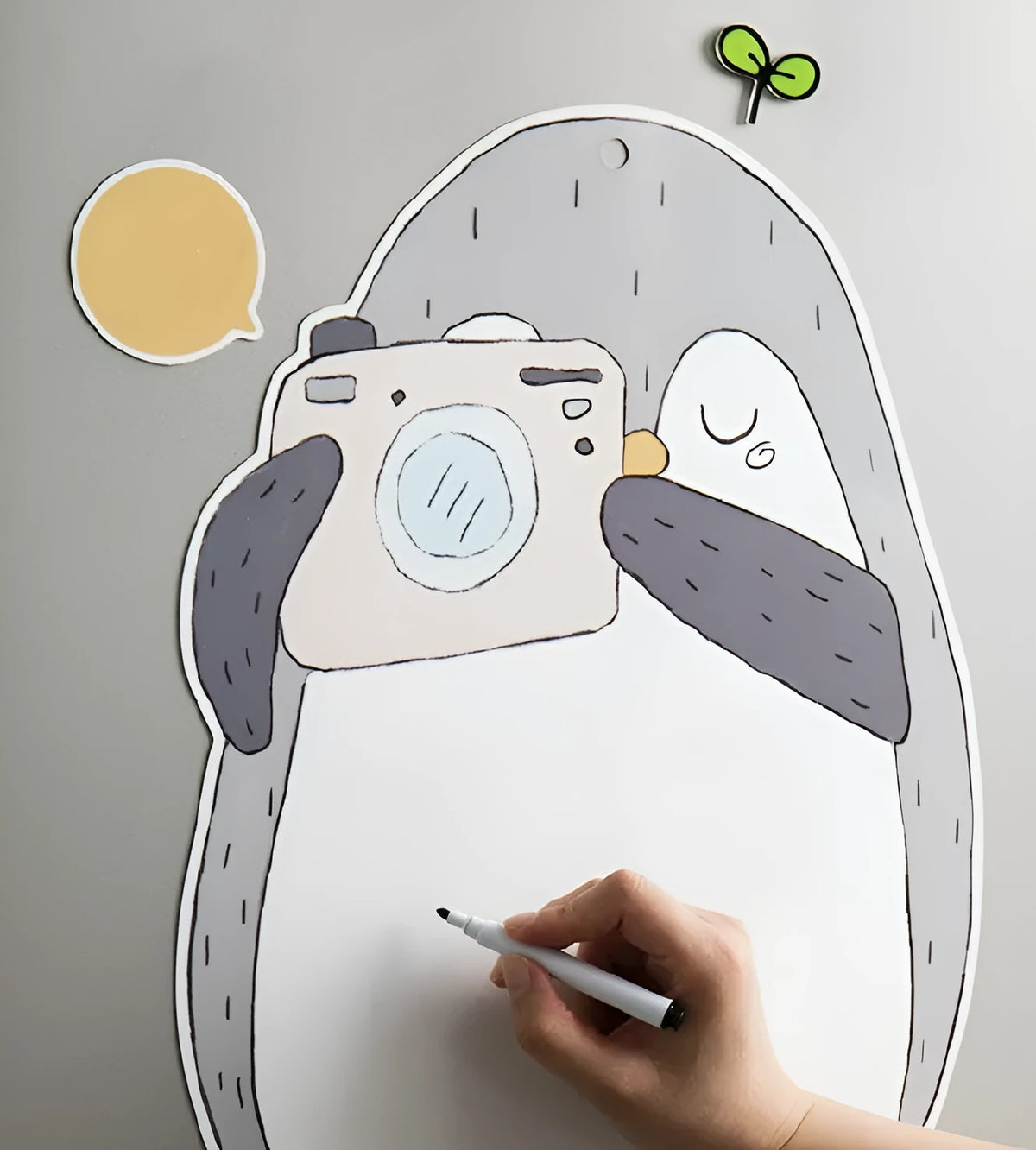 Nordic style penguin design refrigerator message board with soft magnet back, dimensions 45cm by 30cm.