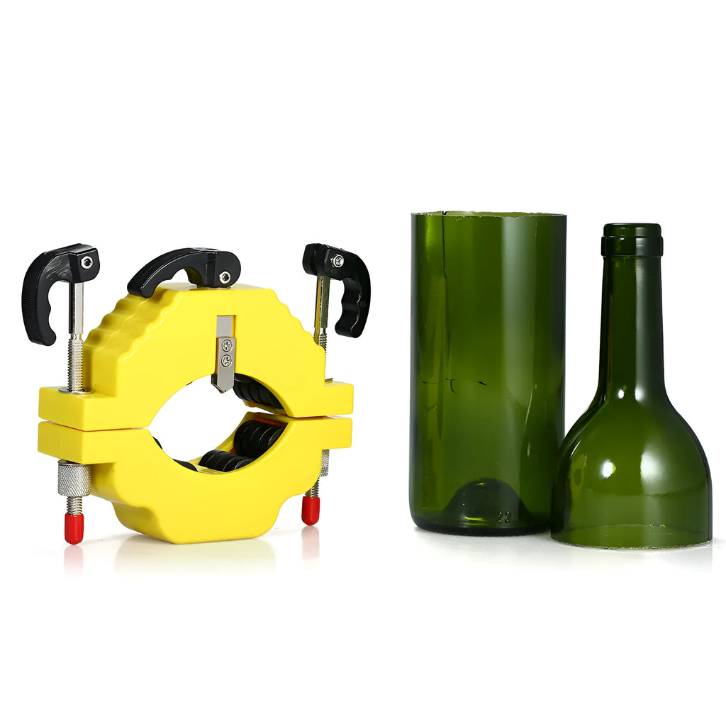 Yellow bottle cutting tool with adjustable mechanism for DIY glass projects.
