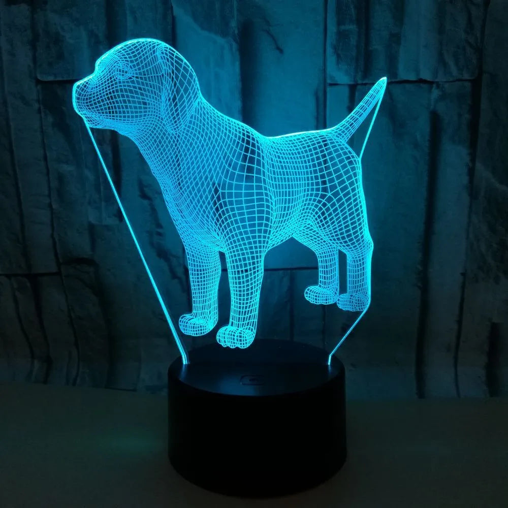 Dog-shaped mood lamp with USB cable and remote control, showing 7 colour touch options