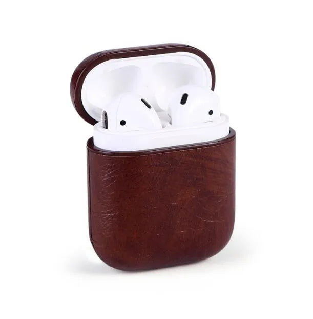 Genuine leather protective case for Apple Airpods in black, brown, light brown, and red colour options